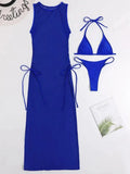 3 Pieces Thong Bikini 2026 Women With Dress String Swimwear Female Solid Swimsuit Beach Wear Bathing Swimming Suit Summer