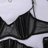 Toucheart Erotic Lingerie black Thin model see-through mesh Patchwork Body shaping gather together pure desire 5PCS with Gloves