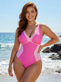 Women Summer Monokini Swimsuit Contrast Colors V-Neck Tie Back Sleeveless Jumpsuit Swimwear for Beachwear Bathing Suits