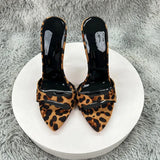 Women's Leopard Print Suede Pointed Toe Stiletto Mules - Slip-On High Heel Sandals for Party, Summer & Streetwear