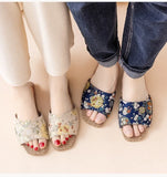 Breathable Indoor Linen Slippers For Women Men Home Floor Shoes Chinese Style Emrobidery Anti-slip Couples House Bedroom Slides