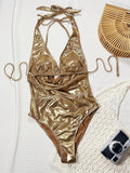 DEKA Deep V Gold Backless Swimwear One Piece Swimsuit Women High Leg Cut Bathing Suit Monokini Back String Cross Swim Beach Wear