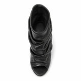 Black Soft Leather Peep Toe Pleated Mid-calf Boots Fashion Women 5 CM Thin Heels Solid Booties High Heel Boots Shoes Lady