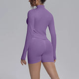 Women's Seamless Yoga Sets Sports Fitness Gym Zipper Long-Sleeve Jacket Hip Lift High-Waist Shorts Suits Workout Training Sets
