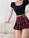 American Style Retro Low Waisted JK Plaid Pleated Skirt Women 2026 Summer New Spicy Girl Wrap Hip Slim A-line Ultra Skirt YOQG