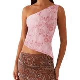 Women's Summer Beaded Sequin Flower Tank Tops Solid Stylish Sparkly Glitter Off One Shoulder Slim Vest Streetwear