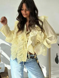 Women's Layered Bell Sleeve Blouse Yellow Ruffled Sheer Blouse V Neck Tie Front Long Sleeve Casual Top With Puffed Sleeves BLZW