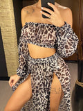 2026 Leopard Off Shoulder Long Sleeve 2 Pieces Set Beach Cover Up Cover-ups Beach Dress Beach Wear Beachwear Female Women V3728