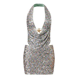 Summer Women Party Evening Sequins Outfits Backless Halter Low Cut Vest and Pencil Skirt Sets Y2K Aesthetic Clothes
