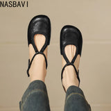 Women's T-Strap Shallow Flat Sandals Soft Leather Rome French Slip-on Single Shoes Retro Round Toe Shoes for Women Summer 32-43