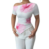 Women's Summer T-Shirts Flower Print Short Sleeve Slash Neck Off One Shoulder Trendy Tees Tops