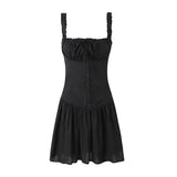 Foridol Bowknot Smocked White Short Dress Women Summer Cotton Mini Sleeveless Tank Sundress Beach Chic Buttons Dress for Petite