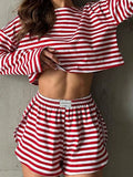Summer Striped Pajama Sets for Women Sleepwear Long Sleeve Top and Shorts 2 Piece Set Casual Home Wear Loungewear