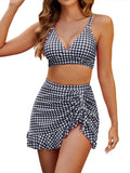 Vintage Black Plaid Drawstring Side Skirt 3 Piece Bikini Set 2026 Swimwear Women V Neck Push Up High Waist Swimsuit Beachwear