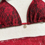 Mesh Sarong Lace Halter High Cut Bikini Female Swimsuit Women Swimwear Three-Pieces Bikini Set Bather Bathing Suit Swim V6284