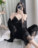 Gold velvet three-piece pajamas set, autumn and winter lace nightgown, sexy home wear with chest pad