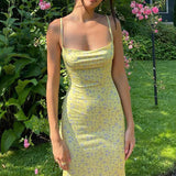 Women's Summer Sexy Bodycon Dress Spaghetti Strap Sleeveless Backless Slim Fit Floral Printed Long Dresses