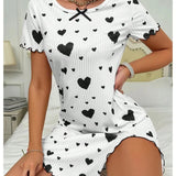 New Women's Pajama Love Dress Pajama Short Sleeve Printed Bow Loose Pajama Home Clothes Comfortable and Soft Hot Selling Gift