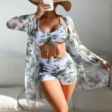 New Women's 3 Pieces Swimsuit Allover Print Tankini+Long Gauze Coat Cover-Up Swimwear High Waist Shorts Bathing Suit Beachwear