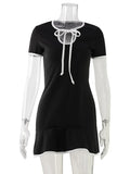 Ahagaga Fashion Women's Mini Dresses Solid Short Sleeves Bows Sheath Slim Fit Bodycon Hollow Out Summer Leisure Sports Vestidos