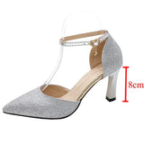 ZOKI Bling Gold Silver Women's Pumps 2024 Sexy Point Toe Thin Heel Party Wedding Shoes Woman Summer Ankle Strap High Heels Shoes