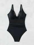 Solid Color One Piece Bikini for Women,sexy Deep-V Neck Suspender Backless Swimsuit,high Waist Translucent Striped Mesh Swimwear