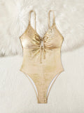 Sexy Brozing Gold One Piece Swimwear Women 2026 Front Drawstring Tie Slim Tummy Control Holiday Bathing Suit Swimsuit Monokini
