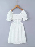 Foridol White Lace Cotton Dress V Neck Off Shoulder Sexy Beach Short Dress Summer Women Buttons Cut Out Mini Beach Sundress 2025