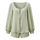 Women’s Casual 2 Piece Outfits Long Lantern Sleeve Button Down Tops + Shorts Set Solid Color Loose Suits