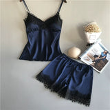 Women Summer Sleepwear Sexy Lace Satin Pajama Sets Lingerie Nightwear Sleeveless Tops+Shorts 2 Pcs Sets Loungewear