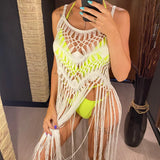 3 Colors Hollow Out Fringe Tassel Knitted Crochet Tunic Beach Cover Up Cover-ups Beach Dress Beach Wear Beachwear Female V3847