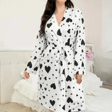 Women's Heart Printed Robe Soft Belted Kimono Bathrobe Mid Length Shower Spa Loungewear Cozy Long Sleeve Pajamas