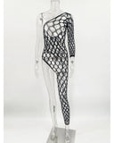 Toucheart Sexy Lingerie Women's Jumpsuit Shiny Diamond Fishing Net One-sleeved Leg Jumpsuit Sexy Hollow Out See-through Jumpsuit