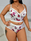 New Arrival Plus Size Sexy Petal Print Lace Spliced Lingerie Set, Plunge Cami Bra
