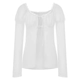 Spring Summer Women Solid Color Split Tie Front Tops See Through Frill Trim Square Neck Long Puff Sleeve Mesh Shirts