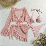 DEKA 4Pcs/Set Mesh Sheath Bikini Set Female Mini Camis Briefs Short Skirt Swimwear Fashion Drawstring Long Sleeve Boho Swimsuit