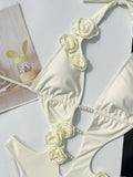 Sexy Pearls 3D Flower Swimwear Women 2026 Red Hollow Out Bandage Backless Thong Bikini Bathing Suit One Piece Swimsuit Monokini