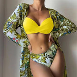Boho Style Women's 3 Pieces Swimsuit Floral Bikini Set+Long Sleeve Cover-Up Swimwear Sexy Low Waist Tankinis Beachwear Holiday
