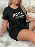 Plus Size 3XL 4XL 5XL Casual Loungewear Letters Print Pajamas Set Women's Short Sleeve Tee And Elastic Shorts Homewear