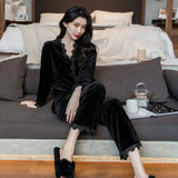 Pajamas gold velvet long sleeve lace cardigan set sexy home wear