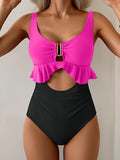 2026 Hollow Swimsuit One Piece U-wire Ruffle Swimwear Women Patchwork Bathers Bathing Swimming Swim Suit Female Beachwear XXL