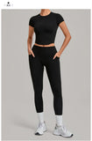 Women Tracksuit Yoga Sets Short Sleeve Slim Sports T Shirts Workout Clothes Outdoor Tight High Waist Pocket Pants Fitness Suits