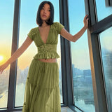 FDYOUI Sexy V-neck Lace Patchwork T-shirt Tops+Long Skirt 2 Piece Set Women's Summer Green Holiday Party Dress Suit Streetwear