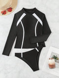 2026 Long Sleeves Slim Swimsuit Women 2 Pieces Solid Swimwear Female Rush Guard Bathing Swimming Swim Surf Suit Beachwear XXL