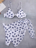 Butterfly Print Underwired V-Bar Bikini Women Swimsuit Female Swimwear Three-pieces Bikini Set Push Up Bathing Suit Beach Sarong