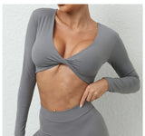 Long Sleeve Gym Crop Tops for Women Twist Deep V Workout Quick Dry Padded Sports Fitness Yoga T-Shirt