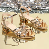 Elegant Golden Ankle Strap Sandals Women 2025 Open Toe Med Heels Summer Party Shoes Ladies Plus Size 35-43 Cross Band Sandalias