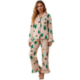 Christmas Pajama Set for Women Long Sleeve Lapel Mushroom Christmas Tree Print Shirt Pants Loose Two Pieces Sleepwear