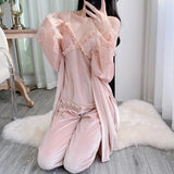 Gold velvet three-piece pajamas set, autumn and winter lace nightgown, sexy home wear with chest pad