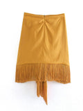 Foridol High Waist Bodycon Tassel Mini Skirt Women Summer Spring Irregular Slit Brown Short Bowknot Skirt Ladies Bottoms Brown